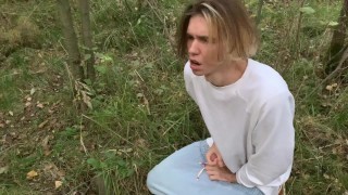 cute russian boy masturbating in a public forest and pee outdoors