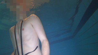 Naked swim and cum with metal cockring and plug
